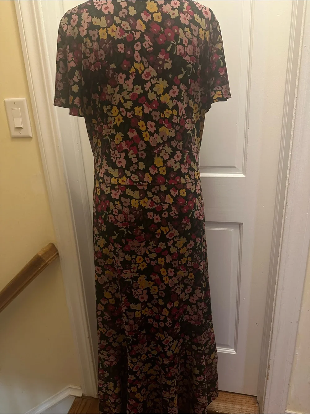 Ralph Lauren Black Floral Wrap Midi Dress with Pink & Yellow Blooms